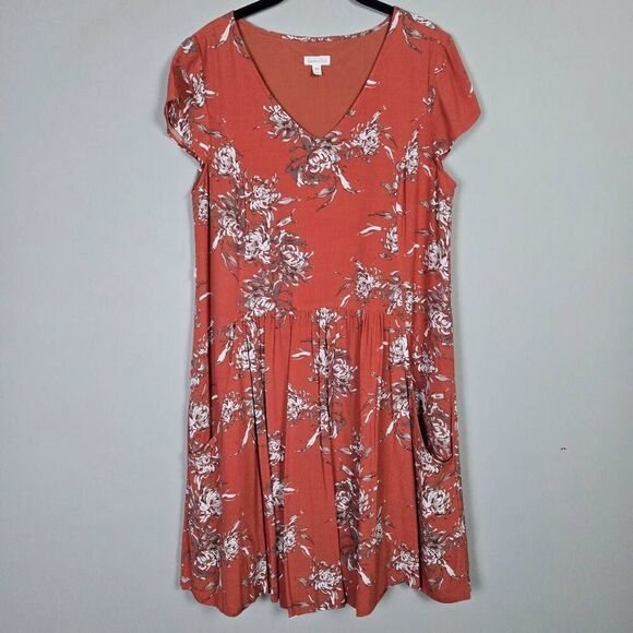 Garnet Hill Dresses & Skirts - Garnet Hill Womens Floral Knee Length Dress Size 10 Coral V Neck Summer Feminine